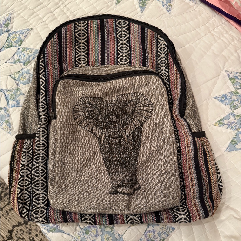 Elephant Print Backpack with Striped Accents - Kathmandu